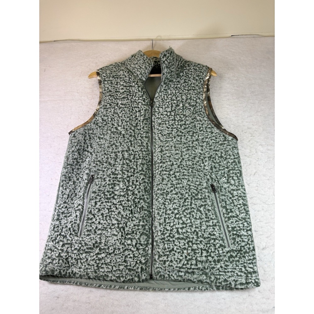 Real Tree Pile Fleece Vest Women's Size XXL Green/White Camo Piping Full Zip